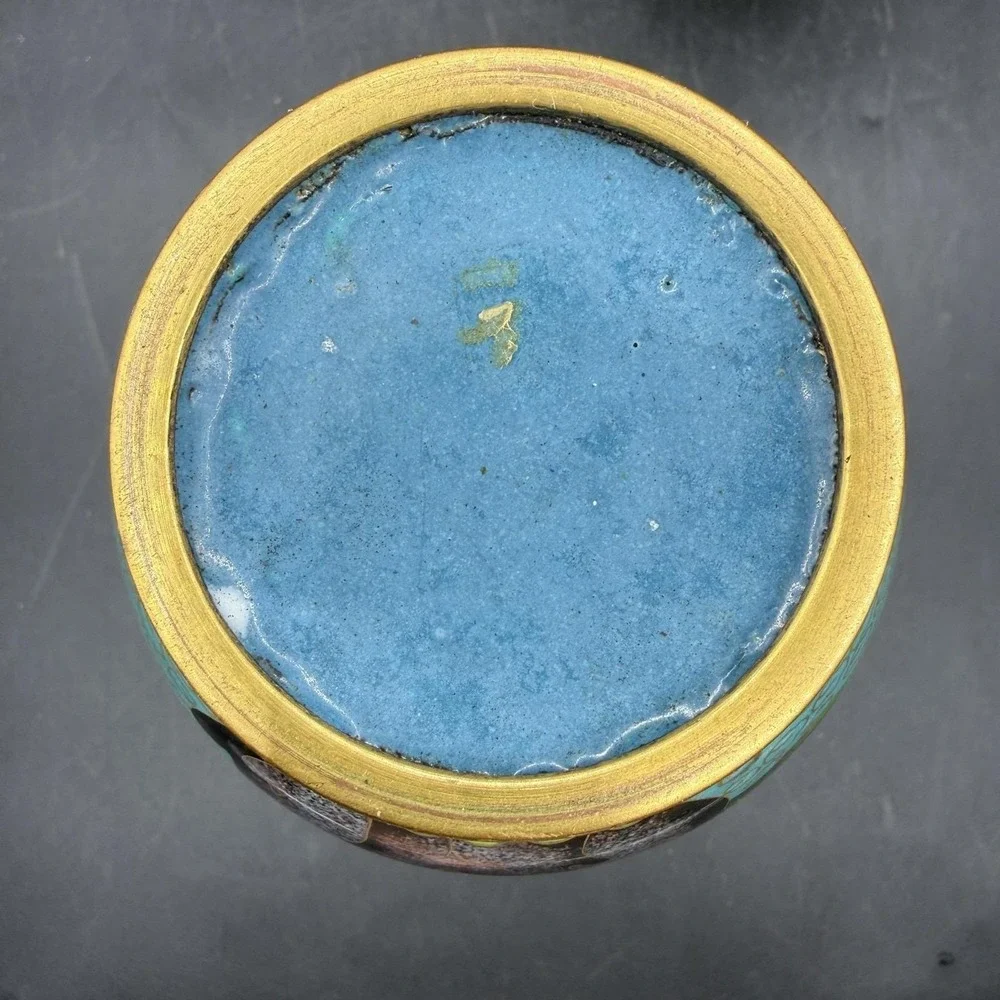 Vintage Chinese Teal Blue Cloisonne Enamel Brass Table Vases Pair Floral Birds - Picture 11 of 11